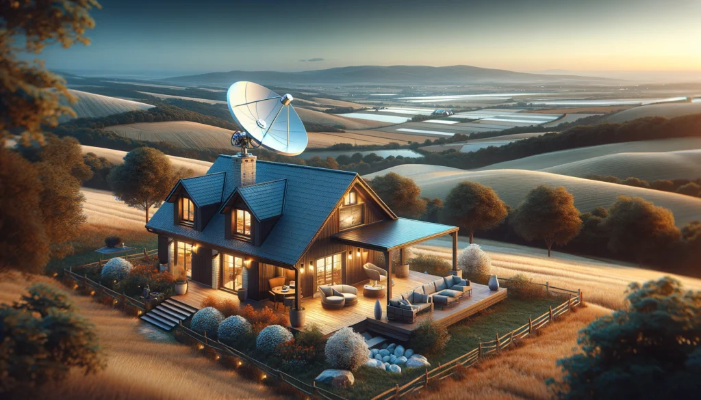 Rural home in Albertville, AL with a satellite dish on the roof, representing satellite internet services by Viasat. The backdrop features rolling hills and expansive farmlands, emphasizing the blend of modern technology with rustic scenery. This image symbolizes reliable and high-speed internet connectivity available to remote areas.