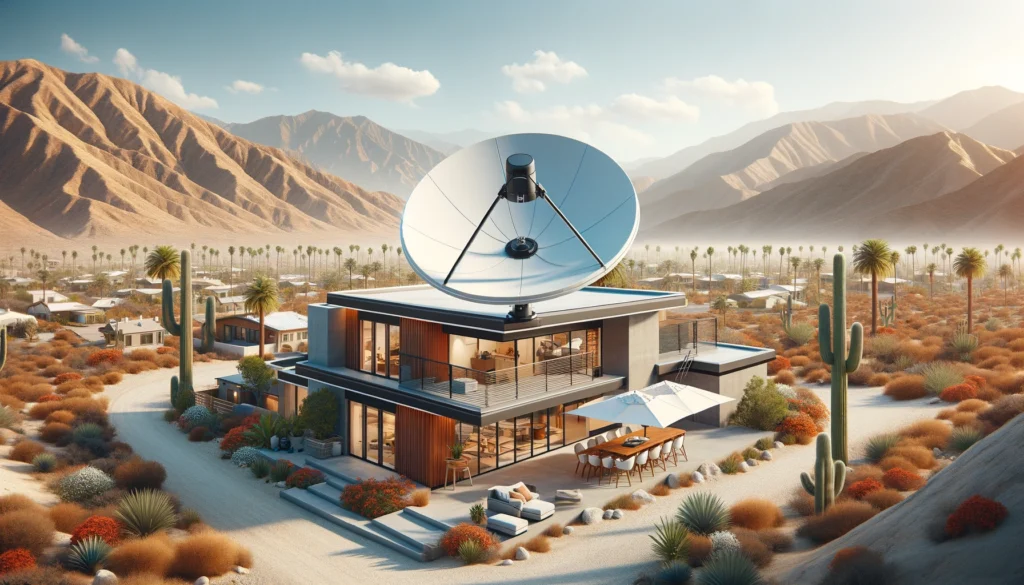 Modern satellite dish installed on the roof of a contemporary home in Cathedral City, CA, set against the stark beauty of the desert landscapes typical of the Coachella Valley. The satellite dish represents providers like Viasat, offering high-speed internet connectivity to even the most remote areas of the city, ensuring that every household and business can access reliable internet services regardless of their location.