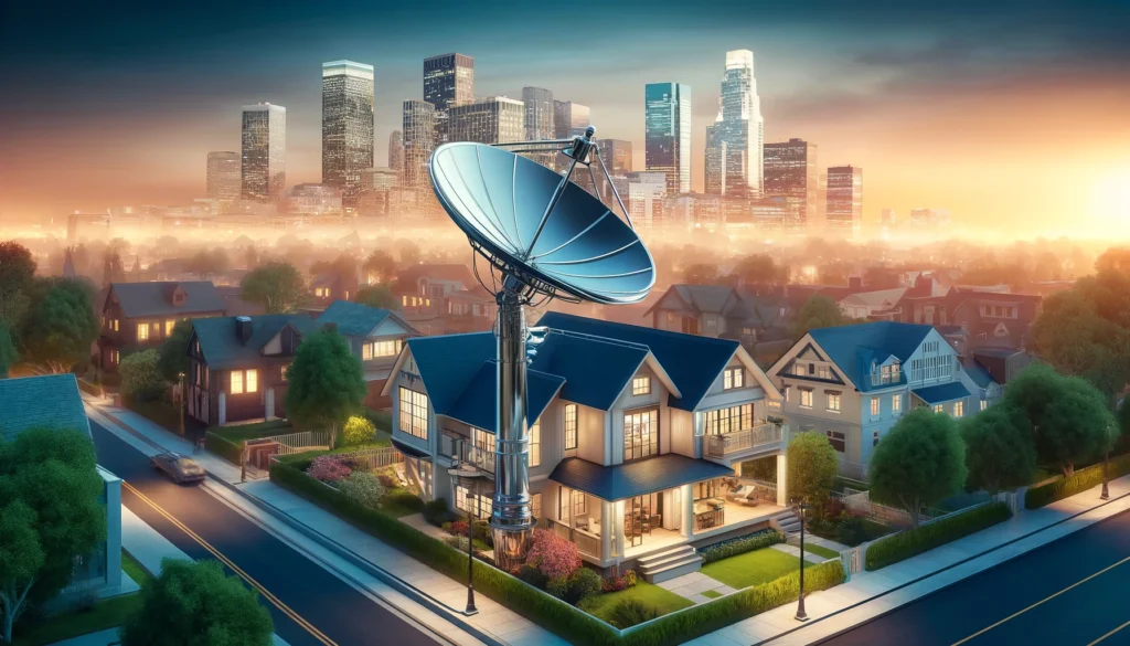 Modern satellite dish installed on the roof of an elegant home in Arcadia, CA, highlighting advanced connectivity options provided by satellite internet companies like Viasat. The backdrop features Arcadia’s affluent neighborhoods and dynamic business districts, underscoring the city's need for reliable and high-speed internet access. This setup illustrates the seamless integration of cutting-edge technology into residential and urban environments.