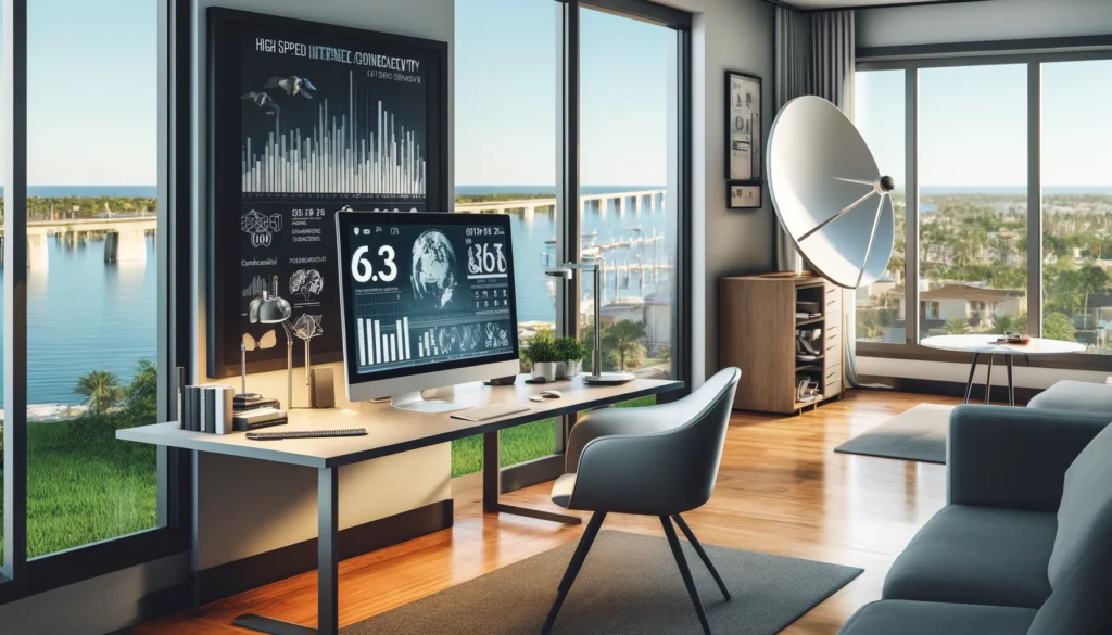 Modern home office in Clearwater, FL with Viasat satellite internet showcasing high-speed connectivity and coastal views