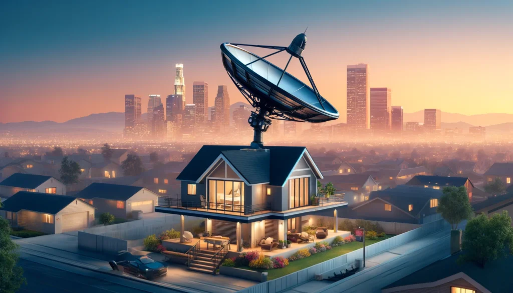 Modern satellite dish mounted on the roof of a contemporary home in Colton, CA, showcasing the integration of advanced technology in a vibrant urban setting. This satellite dish represents providers like Viasat, delivering high-speed internet connectivity to diverse residential and industrial areas of Colton. The setting illustrates a dynamic city environment, emphasizing the satellite internet's role in overcoming connectivity challenges posed by traditional broadband limitations.