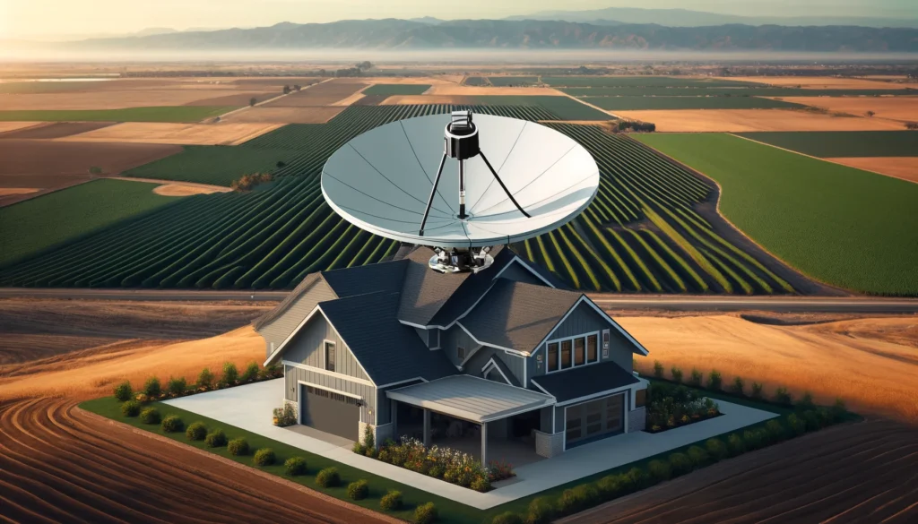 Modern satellite dish installed on the roof of a rural home in Delano, CA, set against the lush agricultural landscapes of California's Central Valley. This image represents Viasat's satellite internet service, which provides high-speed connectivity to areas where traditional broadband might not reach. The home blends contemporary aesthetics with the functionality of advanced satellite technology, ensuring reliable internet access for both residential and business needs in this vibrant farming community