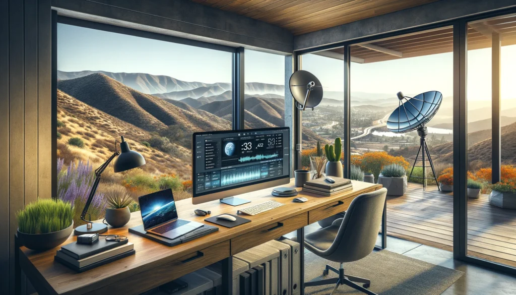 Modern home office in Escondido, CA, featuring Viasat's satellite internet technology with a visible satellite dish, showcasing connectivity solutions in a suburban setting.