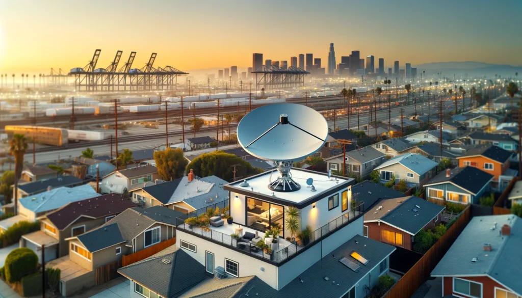 Modern satellite dish mounted on the roof of an urban home in Gardena, CA, representing satellite internet providers like Viasat. This image showcases the integration of advanced satellite technology in a densely populated city environment, ensuring reliable and high-speed internet connectivity to both residential and commercial areas. The backdrop features Gardena's diverse industrial and residential landscape, emphasizing the satellite service's broad reach and functionality.