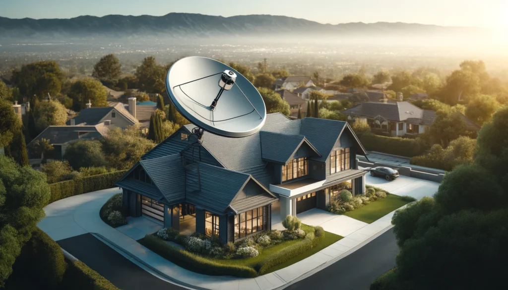 Modern satellite dish installed on the roof of a stylish suburban home in Hacienda Heights, CA, set amidst the natural beauty of Los Angeles County. The satellite dish, representing providers like Viasat, offers high-speed internet connectivity, showcasing advanced technology that ensures reliable service across diverse terrains and dispersed populations. The image captures the aesthetic integration of modern technology within a residential setting, emphasizing functionality and connectivity.