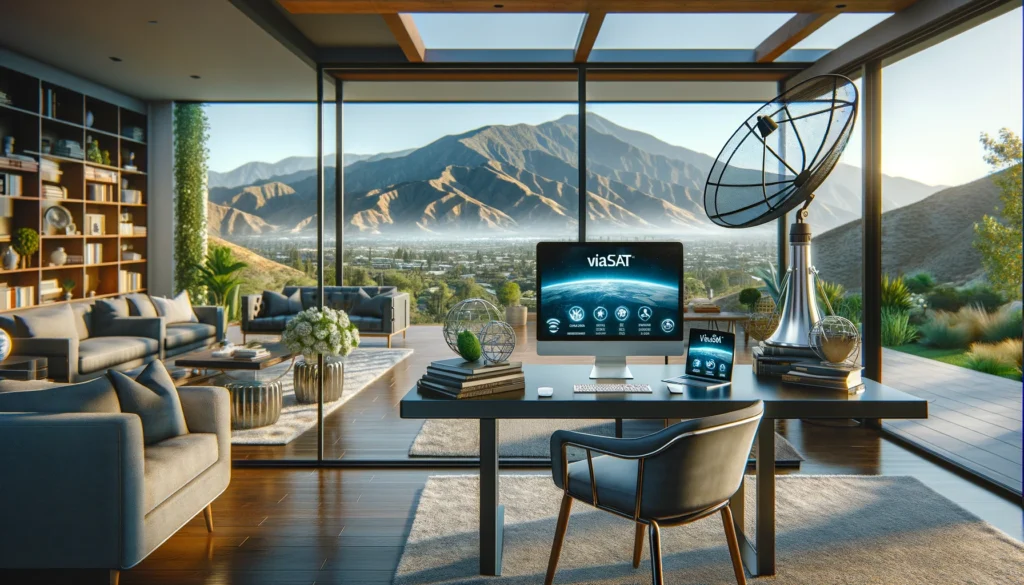 Stylish home office in Highland, CA featuring Viasat satellite internet equipment with a view of the San Bernardino Mountains, emphasizing modern, sophisticated technology in home settings.