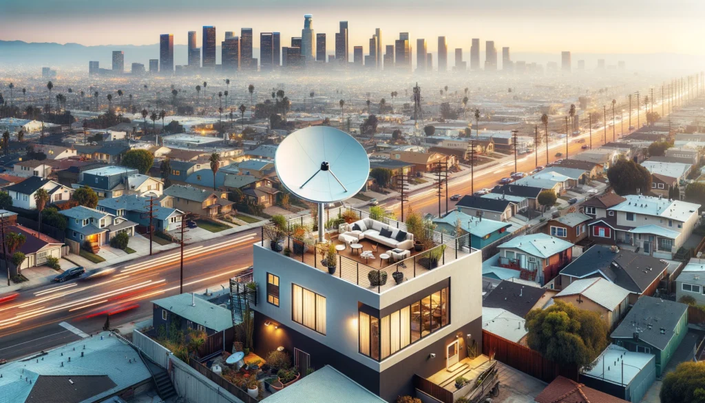 A modern satellite dish mounted on the roof of a contemporary urban home in Huntington Park, CA, showcasing advanced connectivity solutions. The scene captures the dense, vibrant atmosphere of Los Angeles County, highlighting how Viasat's satellite internet technology transcends local broadband limitations to provide consistent, high-speed internet access to this bustling community.