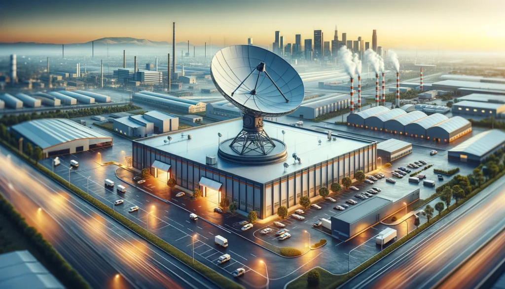 Modern satellite dish installed on the roof of an industrial building in the City of Industry, CA, symbolizing advanced connectivity by providers like Viasat. The scene captures the building set against the commercial landscape of the city, representing its extensive manufacturing and business sectors. This image highlights the crucial role of reliable satellite internet in supporting the high demands of local businesses and residents, ensuring uninterrupted service and broad coverage.