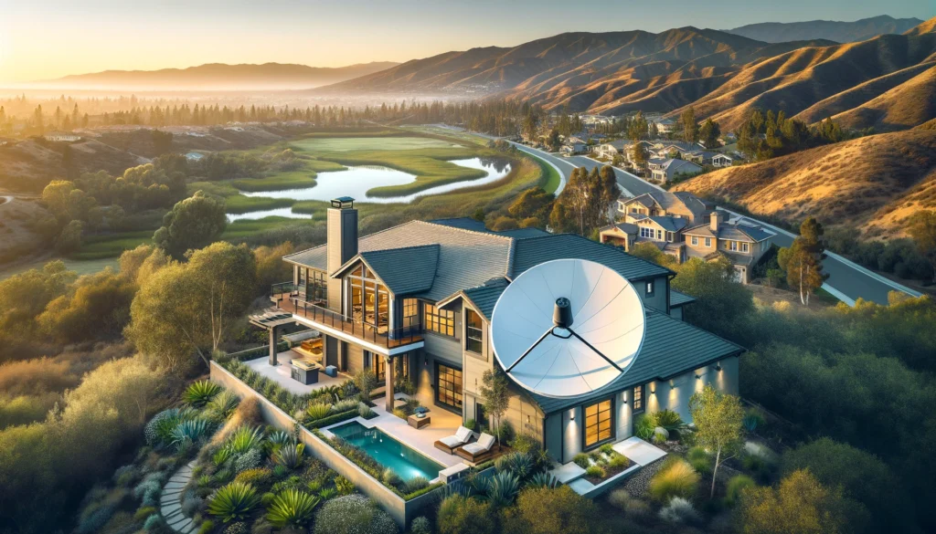 A modern satellite dish mounted on the roof of an elegant home in Lake Forest, CA, seamlessly integrated into the rural setting with lush greenery and natural landscapes. This image represents Viasat's satellite internet service, which provides reliable, high-speed internet to both urban and remote areas of Lake Forest, overcoming geographical challenges and enhancing connectivity for all residents.