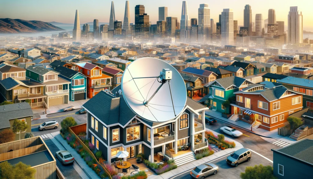 Modern satellite dish mounted on the roof of a stylish home in Monterey Park, CA, reflecting the city's vibrant multicultural community and dynamic commercial districts. The image symbolizes advanced connectivity offered by providers like Viasat, ensuring high-speed internet access throughout the city, including residential and business sectors. The background features elements of the bustling urban environment, emphasizing the satellite technology's role in overcoming local broadband service limitations.