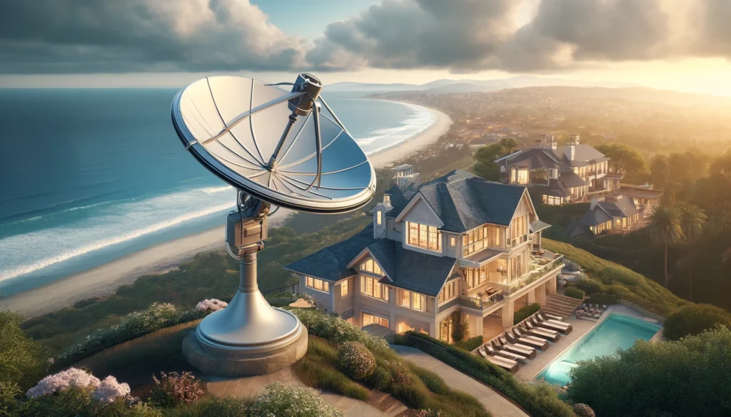 Modern satellite dish mounted on the roof of an elegant home in Newport Beach, CA, with a view of the expansive coastline. The dish represents providers like Viasat, symbolizing high-speed satellite internet connectivity that ensures reliable service across diverse residential and business areas. The setting highlights the blend of advanced technology with the luxurious, leisurely lifestyle typical of Newport Beach.