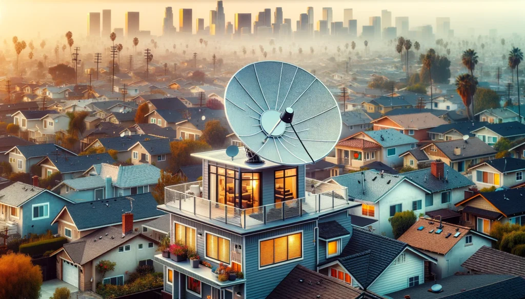 Modern satellite dish mounted on the roof of a stylish home in a densely populated neighborhood of Norwalk, CA, showcasing Viasat’s satellite internet technology. The image captures the urban density of Los Angeles County, with multiple homes in close proximity, highlighting the satellite dish as a symbol of reliable and high-speed internet connectivity available to all areas of Norwalk, overcoming traditional broadband limitations.