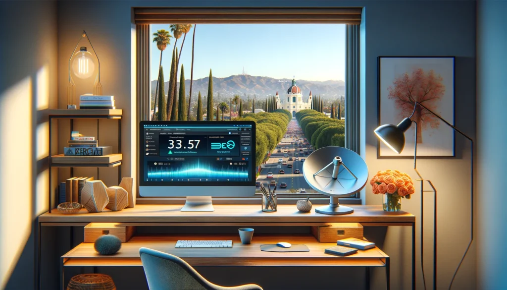 Viasat satellite internet setup in a modern home office in Pasadena, CA, showcasing high-speed connectivity and a view of local landmarks