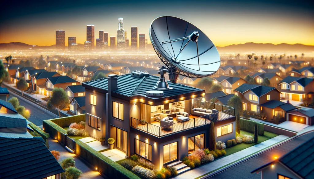 Modern satellite dish installed on the roof of a contemporary home in Pico Rivera, CA, representing Viasat's satellite internet services. The house is situated in a lively neighborhood, highlighting the vibrant community atmosphere of Los Angeles County. The satellite dish symbolizes reliable, high-speed internet connectivity, crucial for both residential and business applications in areas with limited traditional broadband access.