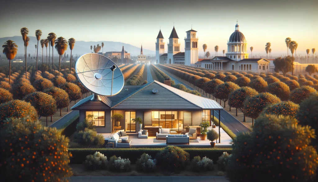 Modern satellite dish installed on the roof of a contemporary home in Redlands, CA, surrounded by the city's famous orange groves and historical landmarks. The satellite dish, provided by Viasat, represents the fusion of Redlands' rich heritage with cutting-edge internet technology, ensuring reliable and high-speed connectivity across the city, regardless of geographical barriers.