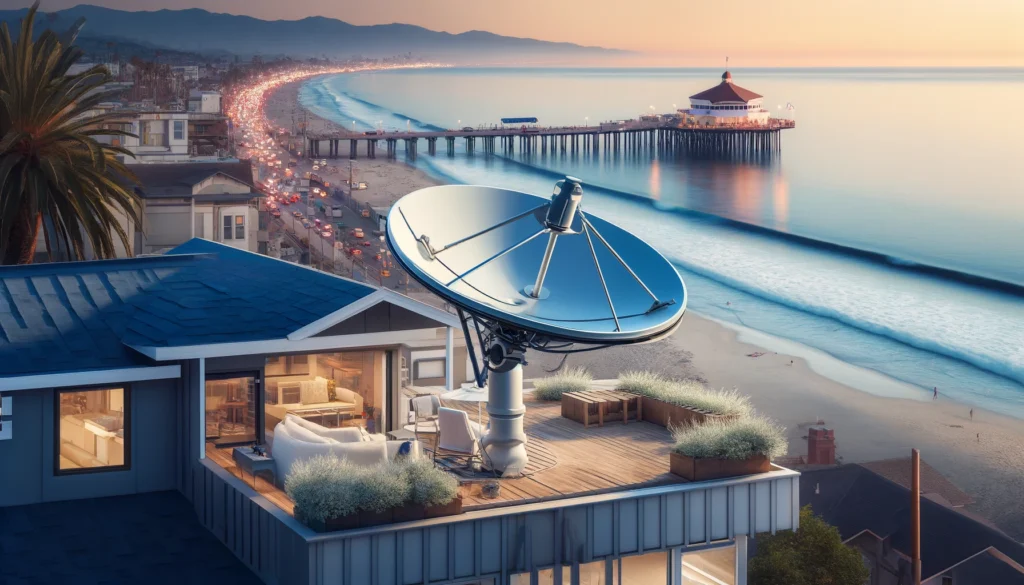 Modern satellite dish installed on the roof of a coastal home in Santa Monica, CA, with the iconic Santa Monica Pier visible in the background. The image represents providers like Viasat, showcasing their capability to deliver reliable, high-speed internet connectivity throughout the bustling and vibrant coastal city, overcoming traditional broadband infrastructure challenges.