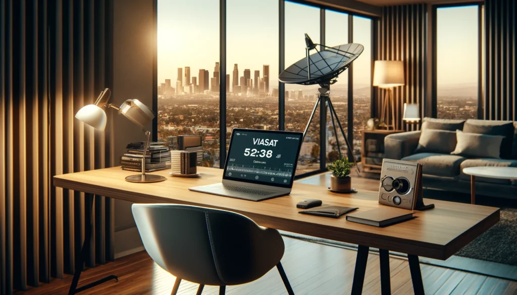 Satellite internet integration in a modern home office in Van Nuys, California, featuring Viasat technology.