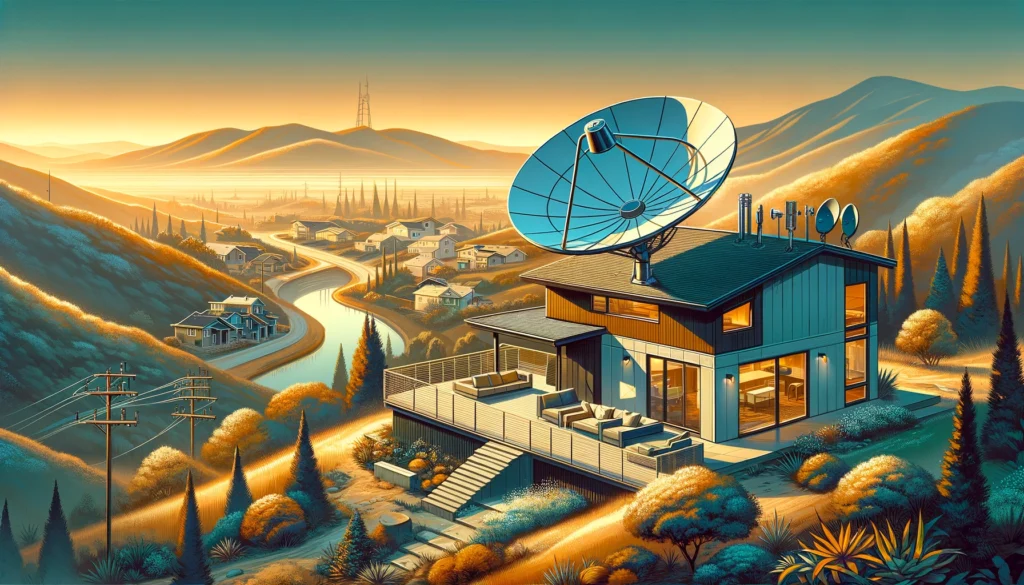 Modern satellite dish installed on the roof of a home in Vista, CA, seamlessly blending into a suburban-rural landscape amid the rolling hills of Southern California. The home is contemporary, designed to harmonize with the natural surroundings. This image symbolizes advanced connectivity provided by Viasat, ensuring residents and businesses throughout Vista enjoy reliable and fast satellite internet access, irrespective of their geographical location.