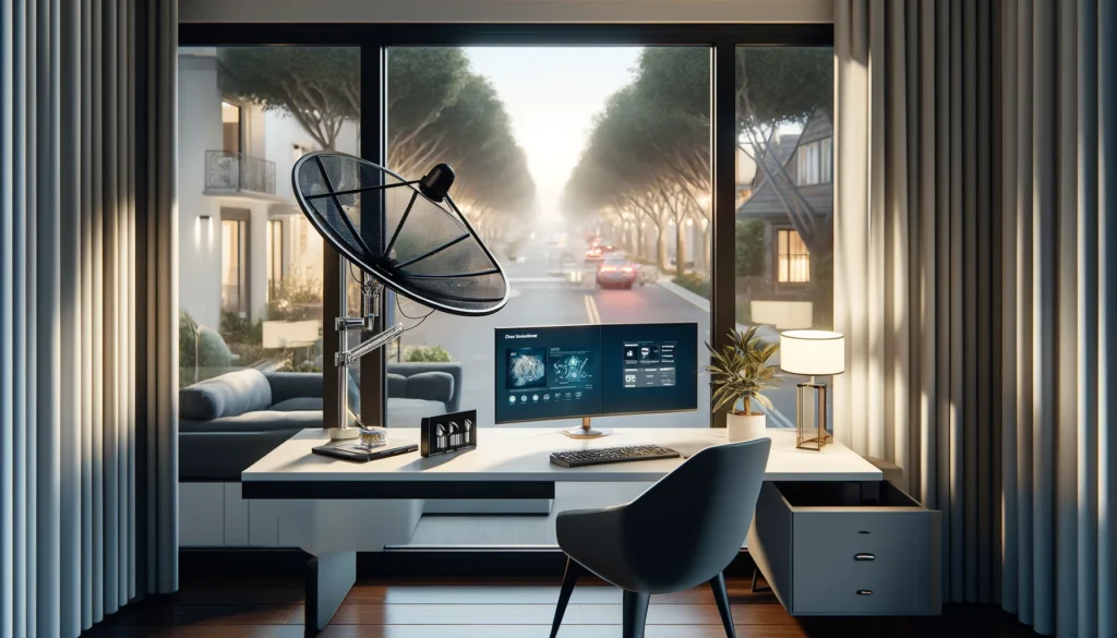 A stylish home office in Claremont, CA, outfitted with advanced satellite internet technology. The workspace features a contemporary desk setup with visible satellite internet equipment, including a dish. Logos of providers like Viasat subtly adorn the setting, enhancing the room's high-tech appeal against a backdrop of Claremont's iconic tree-lined streets seen through the window