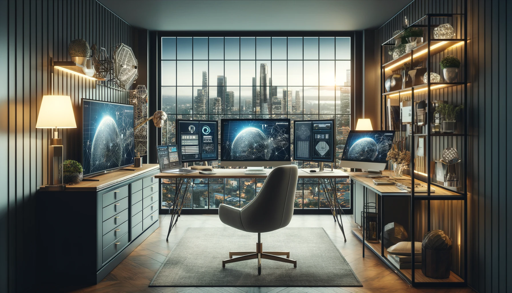 Modern home office in Culver City, CA, showcasing a high-tech workspace with multiple monitors displaying Viasat satellite internet connectivity. The office features a large desk, a comfortable chair, and stylish decor, set against a backdrop of large windows with views of the cityscape. The room's neutral color scheme is enhanced by vibrant decorative elements, illustrating a seamless integration of cutting-edge satellite internet technology in a stylish, functional setting