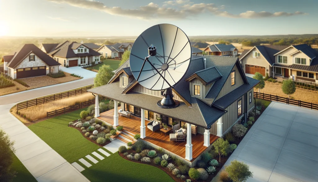 Modern satellite dish installed on the roof of a stylish suburban home in Del Valle, TX. The dish is representative of satellite internet providers like Viasat, ensuring high-speed internet connectivity. The house is set in a mixed rural-residential neighborhood, showcasing a blend of natural scenery and modern living