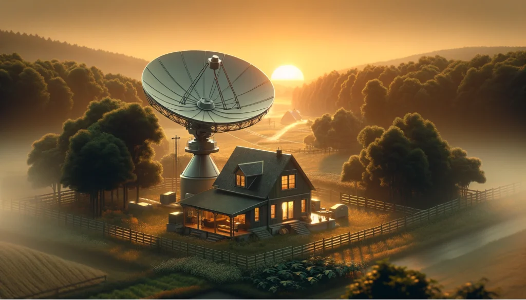 Satellite dish from Viasat installed on the roof of a modern rural home in Dillon, SC. The scene captures the sophisticated technology against a backdrop of lush greenery, with the setting sun casting a warm glow over the serene landscape, symbolizing high-speed internet connectivity in remote areas.