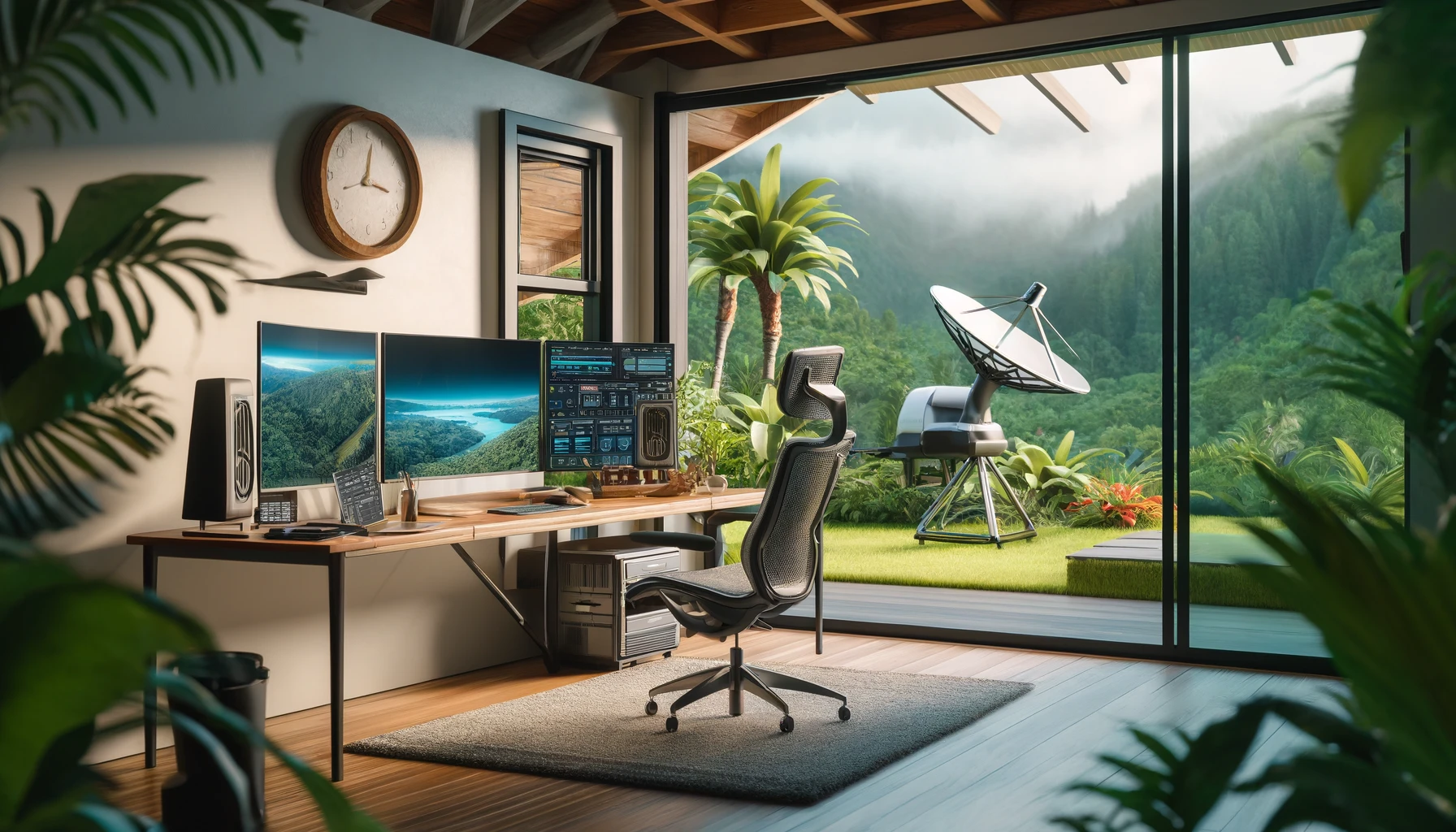 Modern home office in Hilo, Hawaii, showcasing satellite internet technology from Viasat. The office features a sleek, contemporary design with a large window offering views of lush Hawaiian landscapes. A satellite dish is visible outside, emphasizing connectivity. The interior includes a high-end computer, stylish ergonomic chair, and elements of local Hawaiian decor, highlighting both functionality and regional aesthetic.