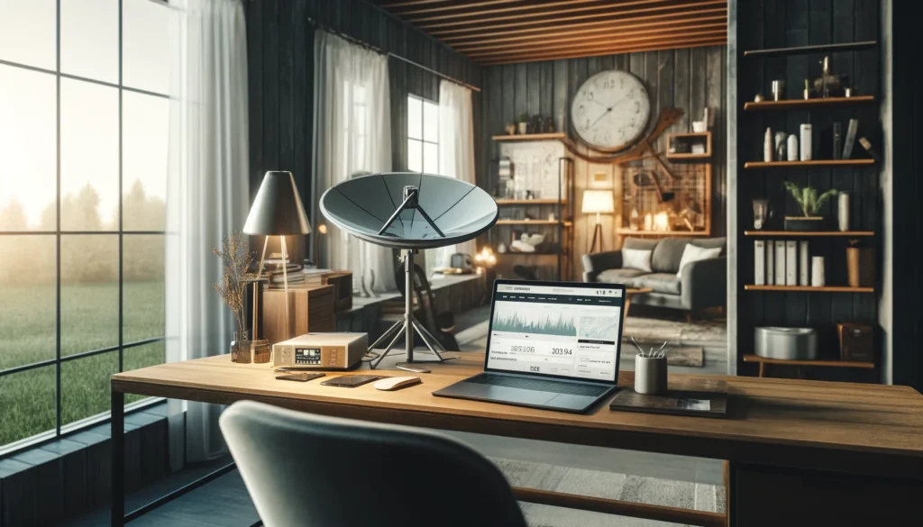 A modern home office in a rural setting with a view of a stylish satellite dish, provided by Viasat, visible through a large window. The office features a contemporary desk setup with a high-tech modem and a laptop displaying satellite internet plans. The decor harmoniously blends rustic and modern styles, highlighting the integration of advanced satellite internet technology into everyday home settings, ensuring connectivity for rural residents