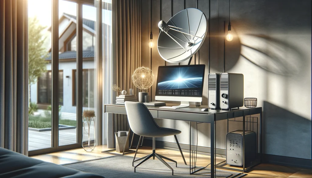 A modern home office featuring satellite internet equipment from Viasat. The setup includes a sleek, minimalist desk with a high-tech computer and a Viasat satellite modem. A satellite dish is visible outside the window, mounted on the roof under a clear sky. The room is styled with contemporary decor, including a stylish chair and soft lighting, showcasing a blend of functionality and aesthetic appeal typical of sophisticated technology integrated into residential settings.