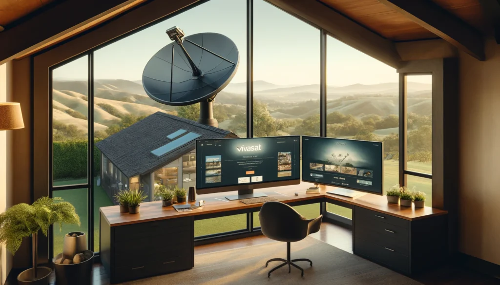 Modern home office in Ramona, CA, featuring a sleek satellite dish installed on the roof, representative of Viasat satellite internet service. The interior showcases a high-tech workspace with dual monitors displaying the Viasat website, large windows with views of the surrounding rural landscape, minimalist furniture, and decorative plants, emphasizing functionality and aesthetic appeal in a setting that highlights reliable satellite connectivity