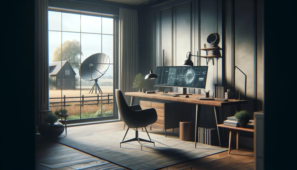 Modern home office with a sophisticated satellite internet setup from Viasat, featuring a sleek desk and high-tech equipment. The rural scenery visible through the large window contrasts with the advanced technology inside, highlighting Viasat’s capability to provide reliable internet service in remote areas.