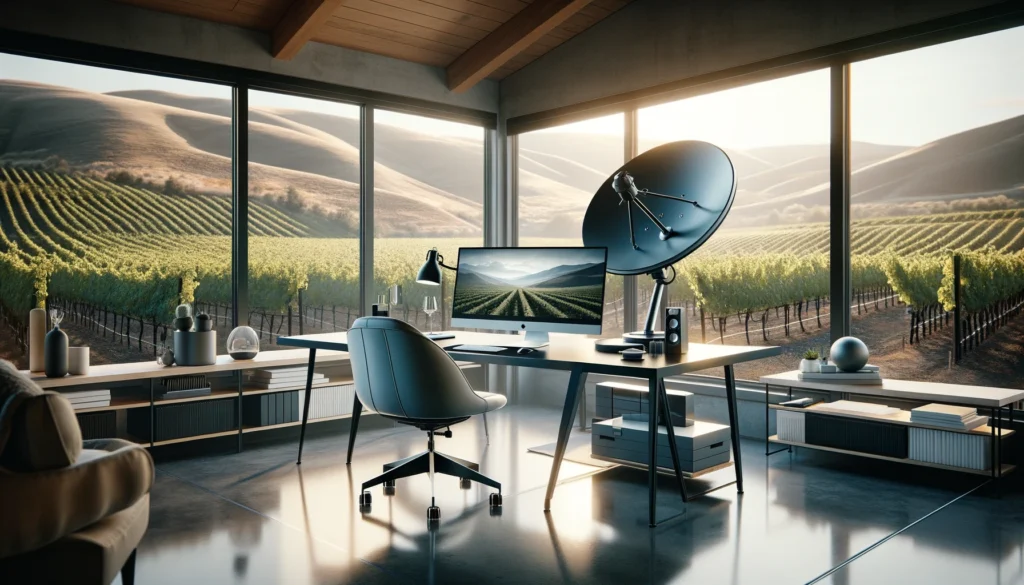 Modern home office in Walla Walla, WA, showcasing a high-tech satellite internet setup by Viasat. The scene includes a stylish desk with advanced equipment and a satellite dish visible through the window with vineyard views, symbolizing reliable connectivity in rural settings