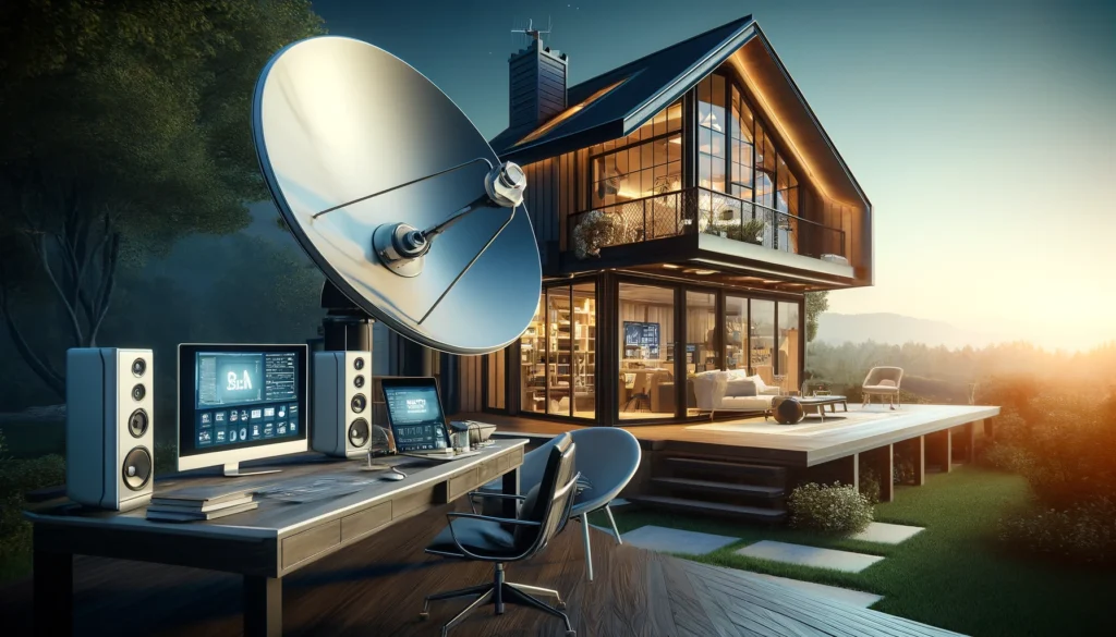 Modern home office in a rural setting featuring advanced satellite internet technology. The stylish house has large windows and a sleek satellite dish visible outside, indicating connectivity by prominent satellite internet providers, designed to illustrate a blend of functionality and aesthetic appeal in Wildomar, CA.