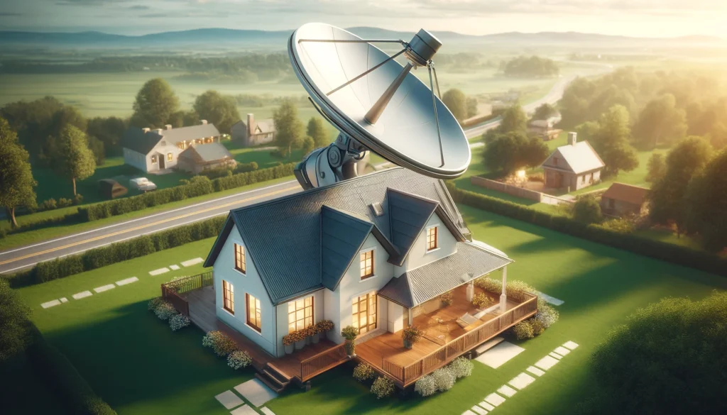 Modern satellite dish installed on a roof in Williamston, SC, with Viasat branding. The house is set against a scenic rural backdrop with lush greenery and clear skies. This image highlights the integration of advanced satellite internet technology into charming home settings, emphasizing both functionality and aesthetic appeal.